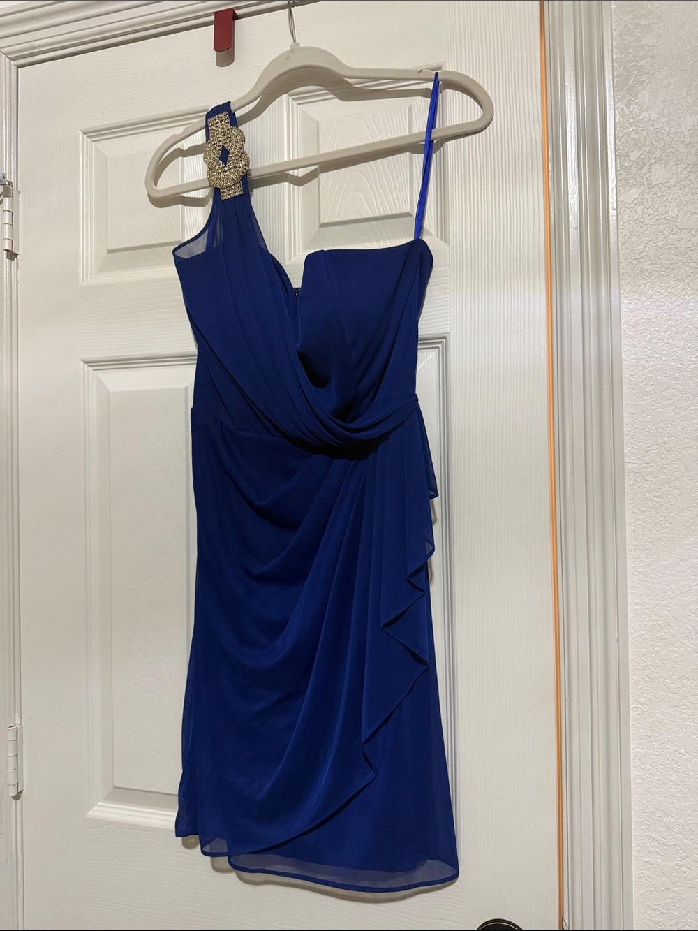 Cache Royal Blue One-Shoulder Draped Cocktail Dress with Jeweled Accent